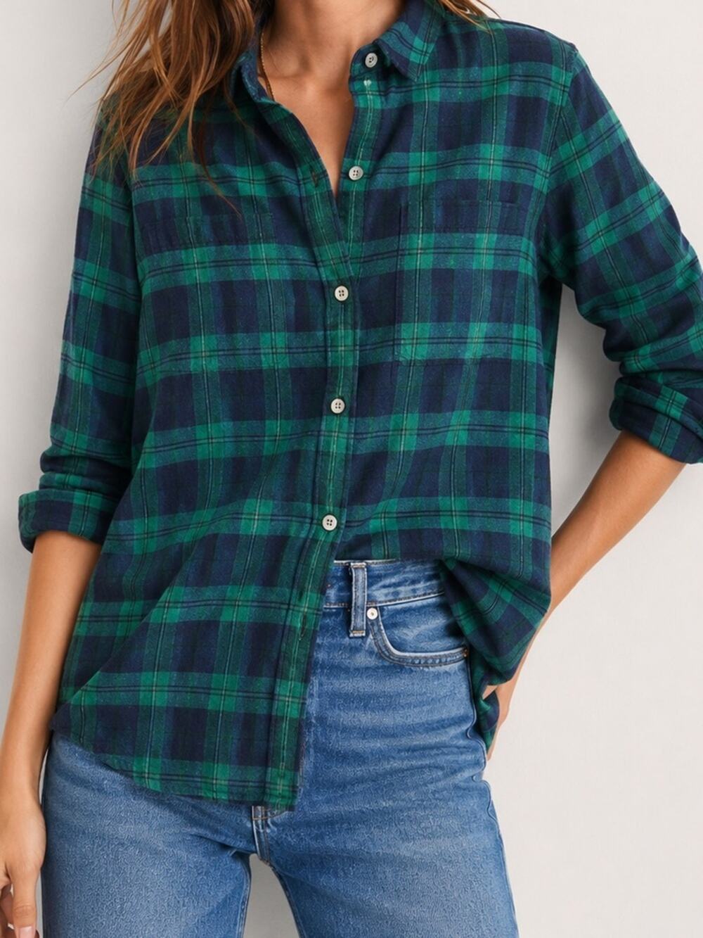 Madewell Classic Green Navy Plaid Flannel Button Front Shirt M